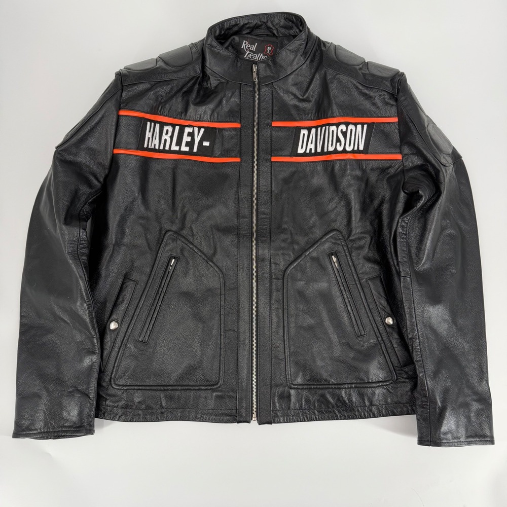 NEW Harley-Davidson Mens 2XL Black Leather Motorcycle Jacket Racer Logo Biker